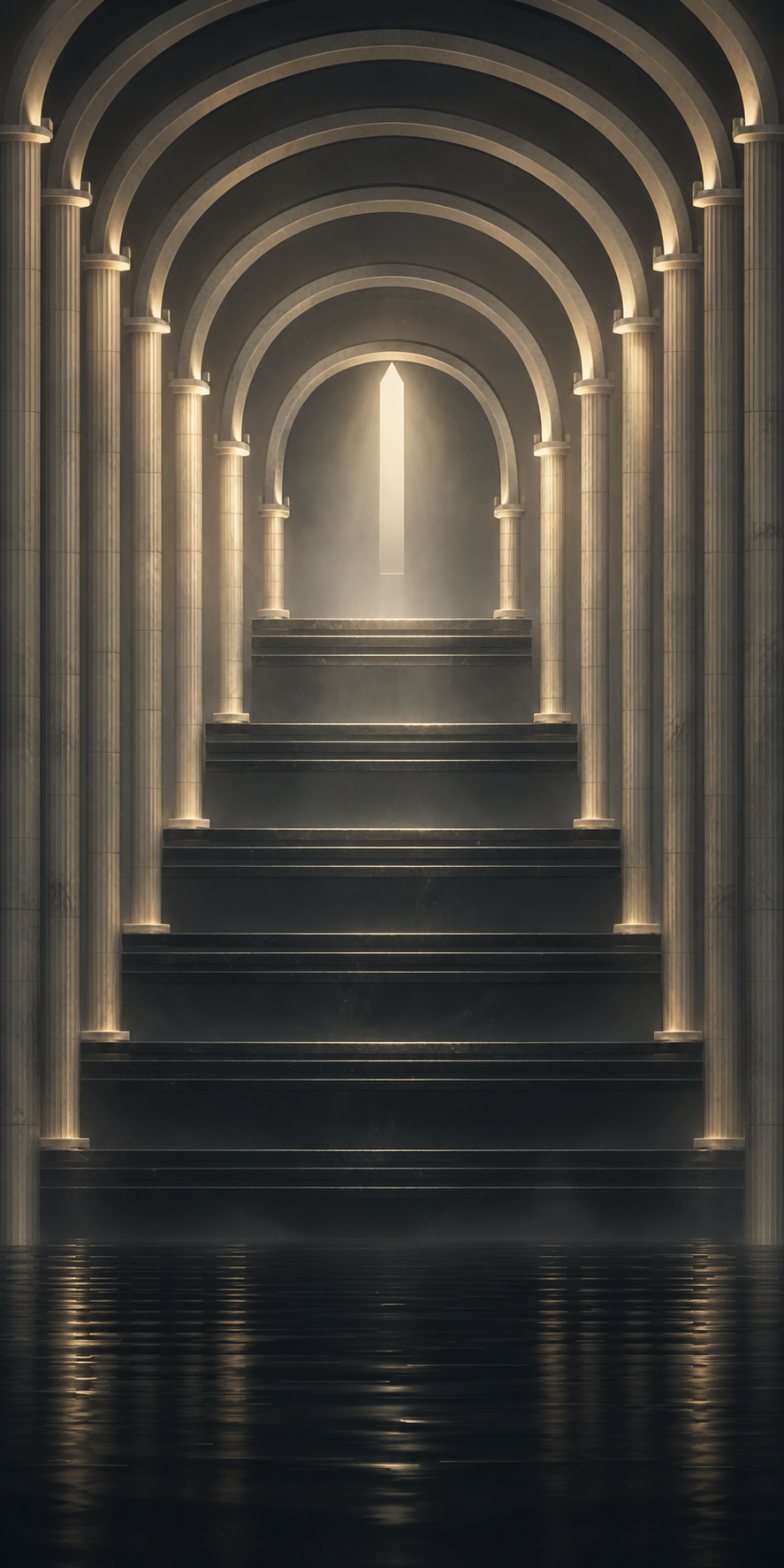 Ivory Sanctum: monumental pale architecture above a reflective floor